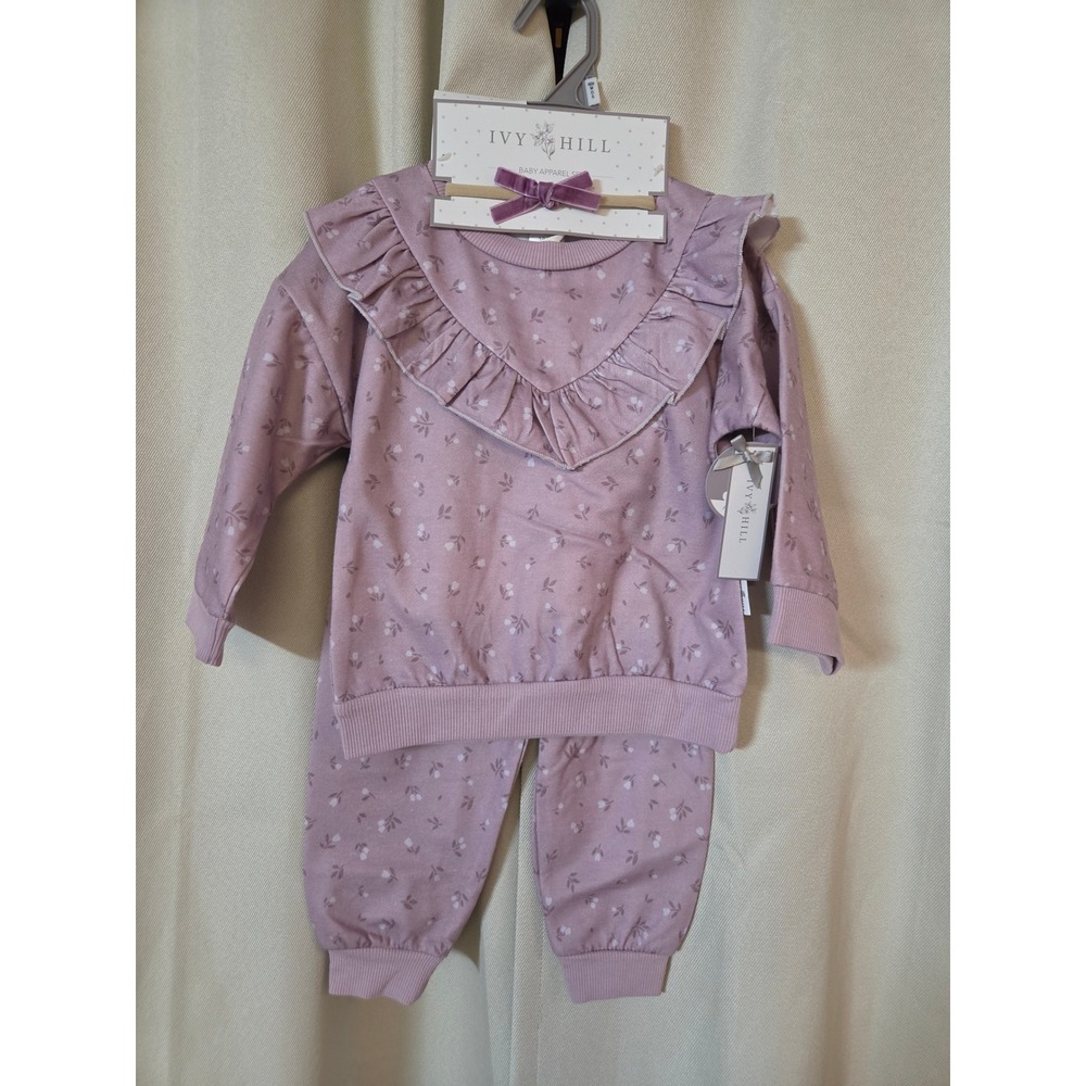 Ivy Hill Baby Girls Mauve Floral Ruffle Sweatshirt Joggers Headband Set 18-24M